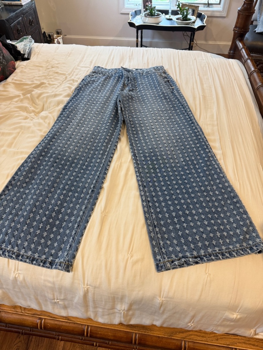 Kensie Blue Patterned Wide-Leg Jeans